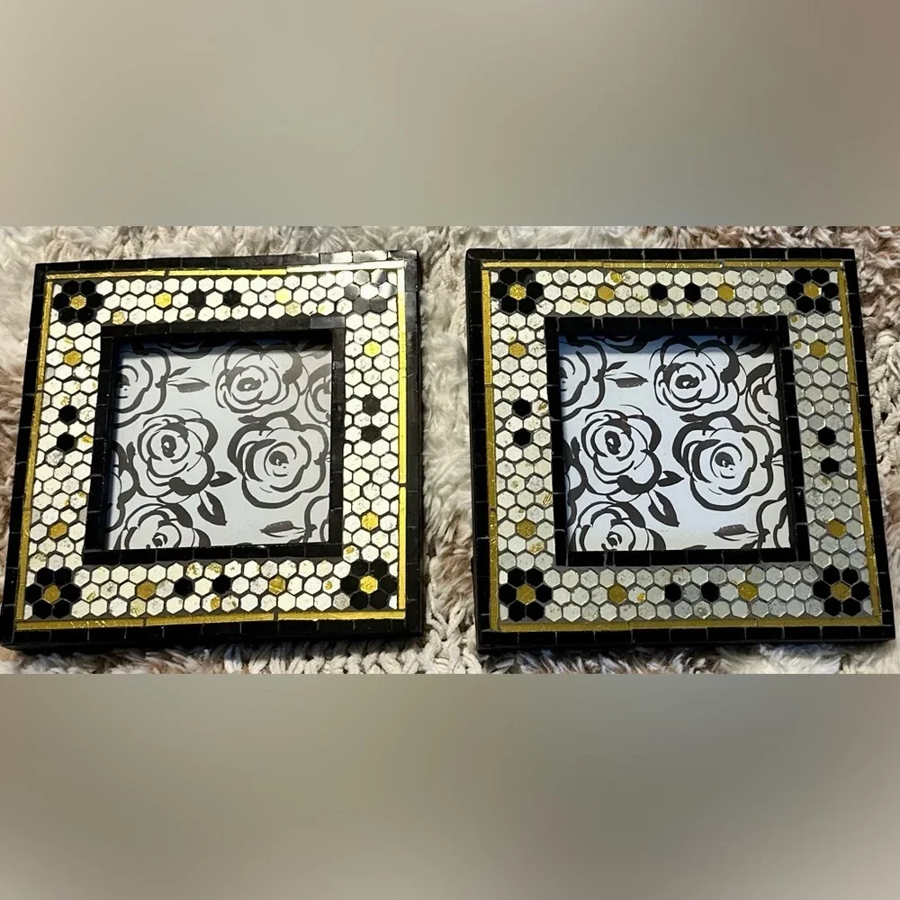 Anthropologie Mosaic Tile 4x4 Picture Frames — Set of 2, Black/White/Gold, NWT